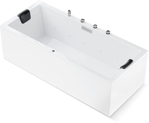 AQUADE Acryl Badewanne 170x75 Modell: Neu Ulm - Weiß Badewanne Komplettset 170x75 - Badewannen mit Wannenfüßen + Schürze + Wannenrandarmatur + Nackenkissen + Led