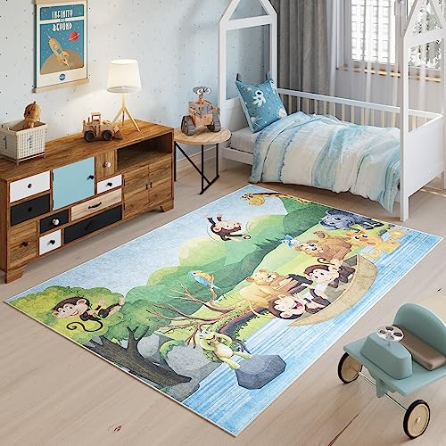 TAPISO Emma Kinderteppich Bunt Safari Tiere Antirutsch 140 x 200 cm | Waschbar bei 30 Grad bedruckter Kinderteppich Kinderzimmer Jugendzimmer Modern OEKO-TEX