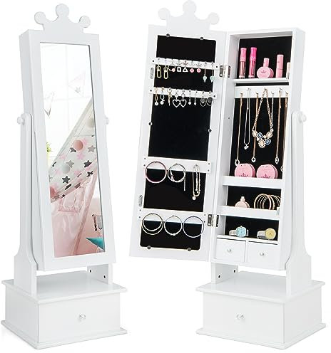 COSTWAY 2 en 1 Armoire à Bijoux Enfants avec Miroir, Organisateur à Bijoux en Forme Couronne avec 3 Tiroirs, 2 Angles d'Inclinaison(90°/94°), Charge 10kg pour Enfants de 3 Ans+ (Blanc)