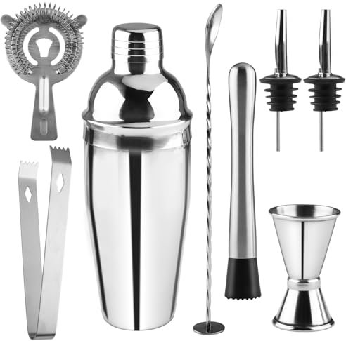 Juego de Coctelera, Mezzar 8 Piezas Kit de Cocktail de Profesionales, 750Ml Traje de Bartender Set de Cóctel de Acero Inoxidable, con Vasos de Medición Agitadores para Familias Bares Fiestas