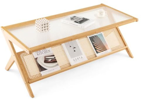CASART Bamboo Coffee Table, Tempered Glass Rattan Centre Table with Magazine Rack, Boho Z-shaped Accent Table for Living Room Bedroom Study