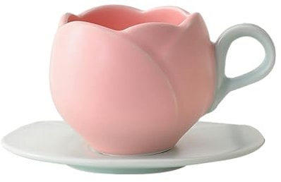 Taza de cerámica creativa de tulipán de 300 ml, juego de platos para desayuno, café, leche, color rosa, corto