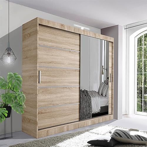German Sliding Wardrobe Contemporary Bedroom Sliding Wardrobe with LED Light - Spacious and Stylish Design comes in White/Grey/Black/Oak and Width 120cm/150cm/180cm/203cm/250cm (Oak, 120cm)