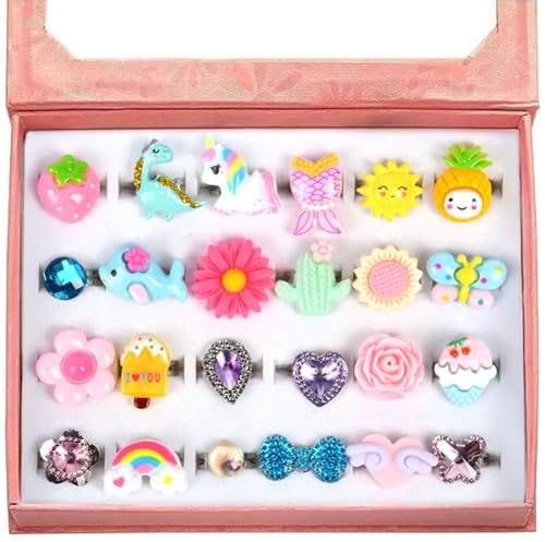 OSDUE Kinderringe: 24 einstellbare Ringe für Mädchen und Jungen - Partybevorzugung, Spielschmuck für Baby bis Teenager