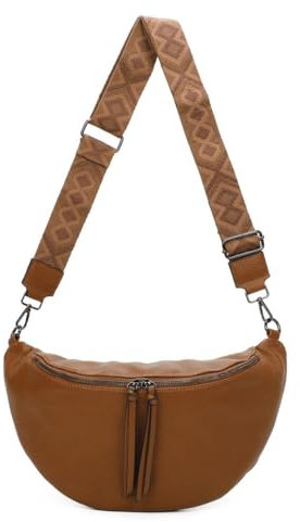 Damen Tasche Crossbody Schultertasche Gürteltasche Brusttasche Hüfttasche Bauchtasche Umhängetasche Cross-Over Bodybag Handytasche Geldtasche Kosmetiktasche Leder Optik Cognac M