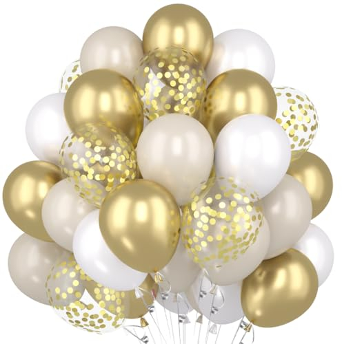 Luftballons Gold Weiß, 60 Stück Weiß Beige Gold Latexballons mit Gold Konfetti Ballons, Weißsand Metallic Gold Luftballons für Geburtstag Jubiläumsfeiern und Boho Babyparty Hochzeit JGA Party Deko