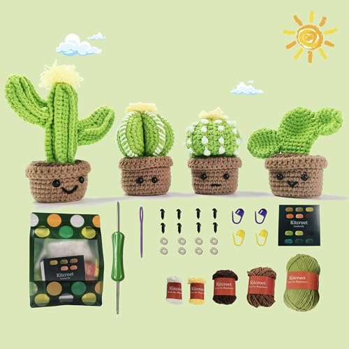 Weronique 4-teiliges Kaktus-Häkelset für Anfänger, DIY-Häkel-Strickmaterial-Set enthält alle benötigten Werkzeuge, bestes Geschenk für Freunde und jemanden, den Sie lieben (40% + Garn)