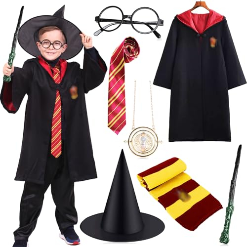 Frasheng Deguisement Sorcier Enfant 7pcs, Deguisement Sorcier per Enfant Kit d'accessoires Déguisement pour Halloween Fête Carnaval Party Noël,Comprend Baguette,Chapeau,Lunettes,Cravate,Cape,155CM