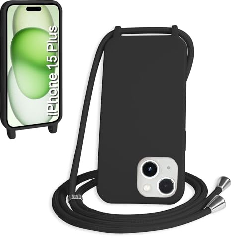 WenBaby Funda con Cuerda para iPhone 15 Plus, Líquida Silicona Carcasa con Cordón Ajustable Collar Correa de Cuello, Cubierta Prueba Golpes con Microfibra Forro (Negro)