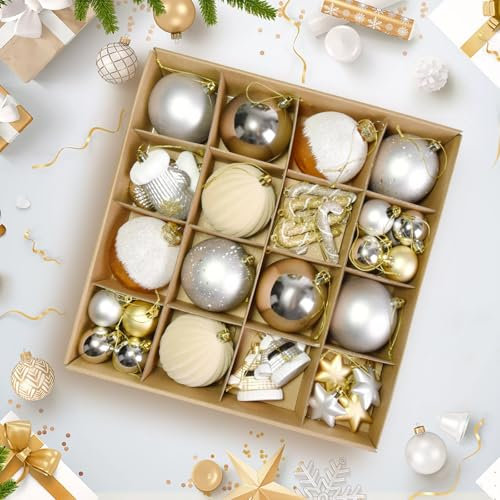 Beinhome 40 Stück Weihnachtskugeln Set, Weihnachtsbaumkugeln Plastik für Weihnachten, Christbaumkugeln Kunststoff,Weihnachtsornament Aus Kunststoff,Christbaumkugeln Set mit Hängeschleife(Gold Silber)
