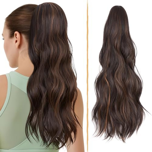 TESS Lange Pferdeschwanz Haarteil mit Kordelzug 66cm, Wellig Lockige Synthetische Ponytail Extension, Haarverlängerung Clip in Haarteile Haarzopf für Frauen Dunkelbraun & Auburn