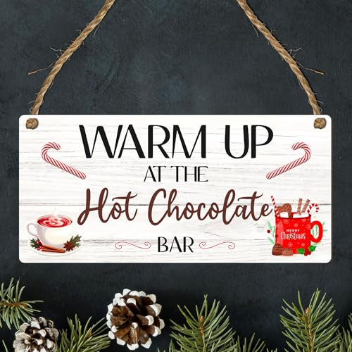 Warm Up at the Hot Chocolate Bar Christmas Plaque - Festive Wooden Sign for Cocoa Lovers - Perfect Christmas Decor for Kitchen, Coffee Nook, or Holiday Gathering (White)