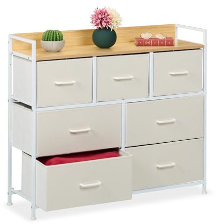 Relaxdays Kommode, HBT: 85 x 100 x 30,5 cm, 7 Stoffschubladen, Flur, Schlafzimmer, modernes Schubladenregal, beige/weiß