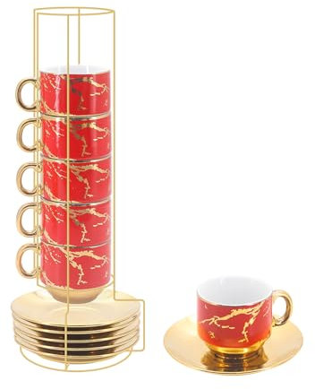 Beowanzk Ceramics Coffee Cup Set, Espresso Cup and Saucer Set with Metal Stand, Set of 6 Cappuccino Cups for Coffee, Tea, Mocha, Latte