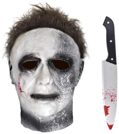DNQCOS Halloween Maske für Erwachsene - Halloween Vollkopfmaske Halloween Horror Gesicht Kopfbedeckung Latex Gummi mit Haaren, Inklusive Messer und Schlüsselanhänger (Grey, Medium)