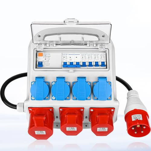 Warmfay Wandverteiler Vorverkabelt Stromverteiler, 4x 230V Schuko Steckdosen + 2x CEE 16A + 1x CEE 32A, Baustromverteiler mit FI-Schalter und LS Schalter, IP67 Wasserdicht Gehäuse für Innen und Außen
