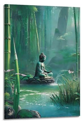 Zen-Poster, Buddha-Statue im Bambuswald, dekoratives Gemälde, Leinwand-Poster, 40 x 60 cm