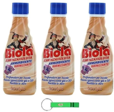 Biolà Essenza Assoluta Profumatore Ammorbidente Lot de 3 désodorisants pour linge très concentrés Iris et lilas, linge parfumé 250 ml + porte-clés Beni Culinari gratuit