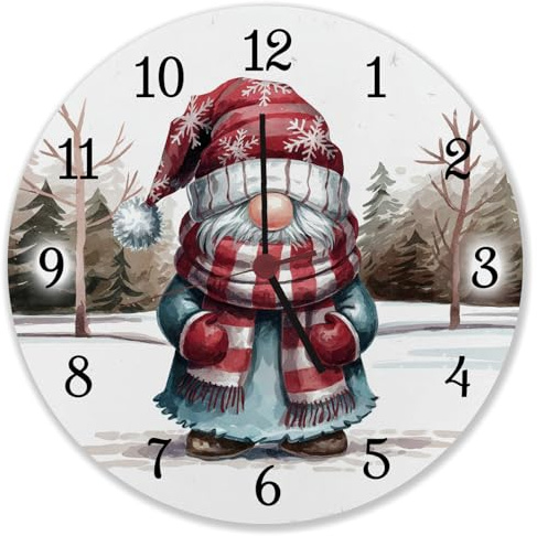 speecheese Wichtel mit rotem Schal Wanduhr - Charmante Dekoration für Ihr Zuhause Aquarellmotiv mit roter Mütze weiße Schneeflocken in verschneiter Landschaft