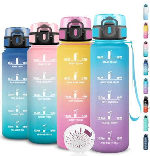 Botella Agua, Botella Agua 1 Litro con Filtro, Cantimplora Infantil Reutilizable con Marca de Tiempo, Cantimplora con Eslogan Motivacional, Fácil de Limpiar, para la Escuela, Deportes, Camping, Gym