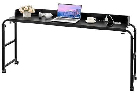 VEVOR Table de lit Mobile, Table d'appoint avec 4 roulettes (Dont 2 avec Freins) et Prise de Courant, Bureau au-Dessus du lit réglable en Hauteur, en Panneaux de Particules, pour Maison, Bureau, Noir