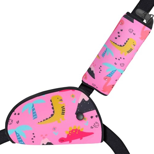 LAHAQIQI Gurtpolster fürs Auto, Kinder Gurtschoner polster, 2 Stück Sicherheitsgurt Set, Verstellbarer Schulterpolster mit Rutschfesten Positionierungsclip für Reisen (Dinosaurier rosa)
