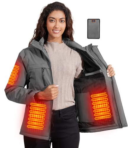 Brimekey Beheizbare Fleece Jacke Damen mit 20000mAh Akku, Wasserdichte & Winddichte Beheizte Skijacke Kapuze mit 6 Heizzonen & 3 Stufen, Heizjacke für Skifahren, Snowboarden, Wandern, Wintercamping