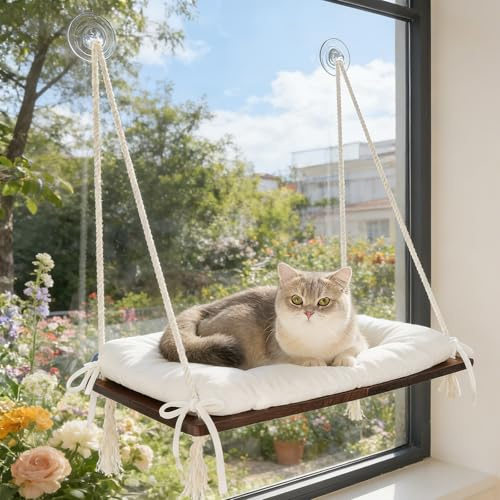 CheerPals Cat Window Hammock Perch - Solid Wood Window Cat Bed for Large Cats up to 18kg, Sturdy Sunbathing Seat with Adjustable Thick Ropes & Plush Cushion, 59x33cm, Pine