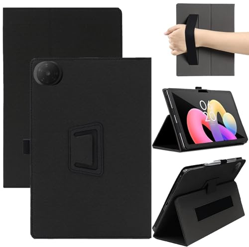 KZIOACSH Case for TCL TAB 10L Gen 4 10.1 inch, Full Coverage Soft PU Leather Folding Stand Folio Anti-Drop Shockproof Rugged Protective Cover with Pencil Holder and Wrist Strap, Black