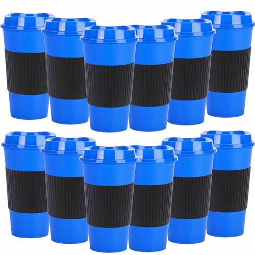 Yisituo Plastic Coffee Cups with Lids, 12 Pack 480ml Reusable Tumblers for Adults, for Hot & Cold Drinks, Microwaveable Travel Mugs (12, Blue)