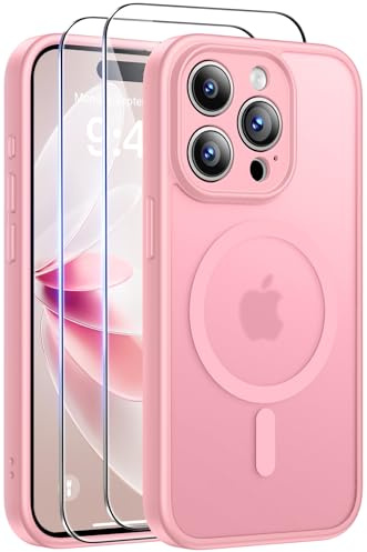 FLLAO Coque pour iPhone 15 Pro Max(6,7 Pouces) avec 2 Verres Trempés, Compatible avec Mag Safe, Coque Mat Translucide Fine Antichoc, PC Dur Housse Arrière Anti-Rayures + TPU Bumper Antichoc, Rose