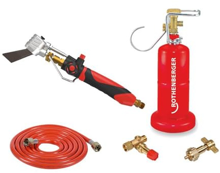 ROTHENBERGER Industrial 9-teiliges PREMIUM Dachrinnen Fallrohr Lötset | Kupferlötkolben, 2,5 m Propangas-Schlauch, Handwerkerflasche 0,5 kg, Propanregler 0,5-6 bar, Propanumfüllstutzen, 600°C
