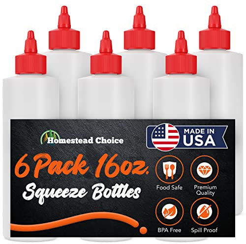 6 pack Plastic Squeeze Bottles for Sauces 16 OZ Condiment Squeeze Bottles for Liquids Made in USA BPA Free Squirt Bottles with Twist Cap Ketchup, Syrup, Oil, Dressings, Honey Arts Crafts