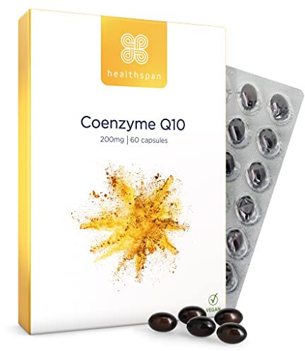 Healthspan Coenzym Q10-200mg pro Kapsel | 60 vegane CoQ10 Kapseln - 2 Monate Vorrat | Energiestoffwechsel | Auf der Basis von Sonnenblumenöl | Ubichinon
