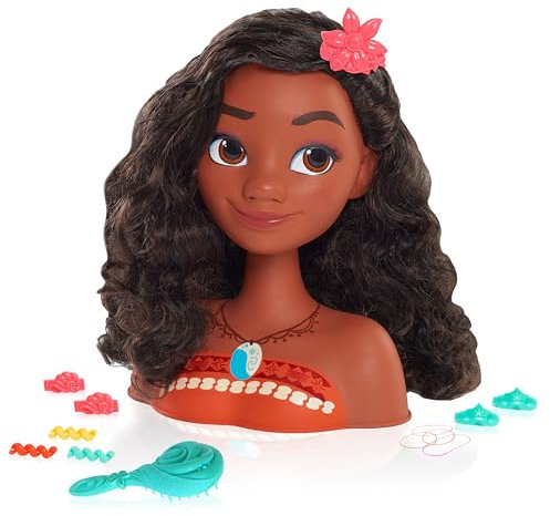 Just Play Disney Princess Moana Frisierkopf mit Zubehör, 14-teilig, schwarzes Haar, braune Augen, Kinderspielzeug ab 3+ Jahren