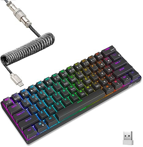 RK ROYAL KLUDGE RK61 60% Mechanical Keyboard with Coiled Cable, 2.4Ghz/Bluetooth/Wired, Wireless Bluetooth Mini Keyboard 61 Keys, RGB Hot Swappable Blue Switch Gaming Keyboard with Software - Black