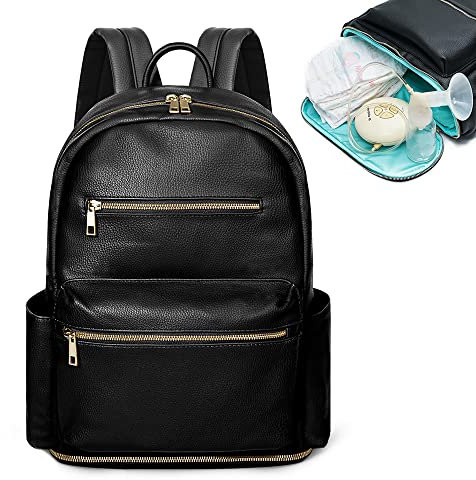 MOMINSIDE Small Diaper Bag Backpack, 13 Pockets Leather Mini Baby Bag Backpack, Breast Pump Bag, 13 Inch Laptop Sleeve, 2 Insulated Pockets, Bottom Compartment(Black)