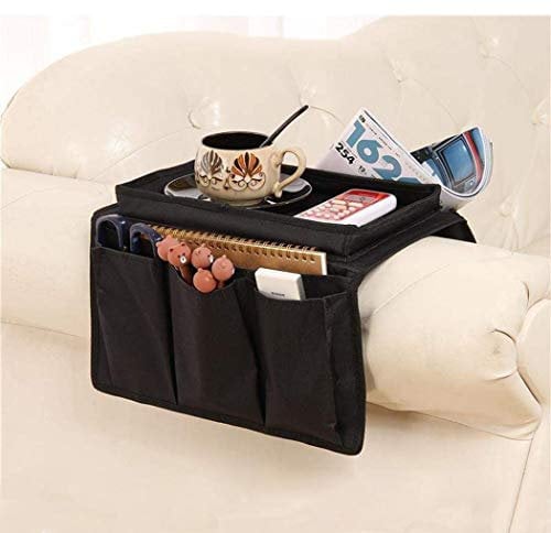 Sofa Armrest Organizer Couch Caddy Armchair Hanging Storage Bag Sofa Space Saver Arm Rest Chair Organiser with Cup Holder Tray for Phone,Books,Magazine,Snacks,Glasses,6 Pockets (Black)