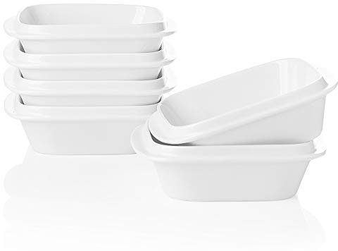 SWEEJAR Porcelain 10oz Square Ramekins with Handle for Baking, Souffle Dishes, Sauce Dishes, Dipping Bowls Stacked for Kitchen Cabinet Set of 6(White)