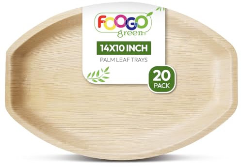 FOOGO Green 20 Disposable Palm Leaf Serving Trays, Large Oval 14x10 (35cmx25cm), for Platters, Starters, Canape, Charcuterie Board, Eco-Friendly and Sturdy Like Wooden Hot Food Trays