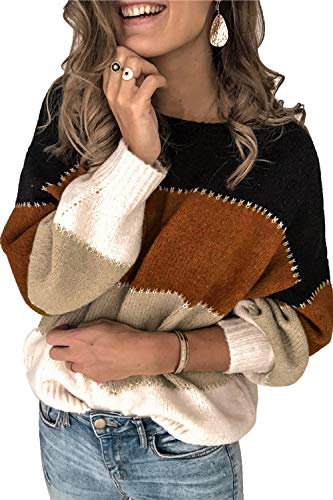 Ancapelion Damen Grobstrick Pullover Casual Stricken Sweater Lange Ärmel Pulli Farbblock Sweatshirt Elegant Jumper Rundhals Lose Oberteile Herbst Winter Outwear für Frauen,A-schwarz,S