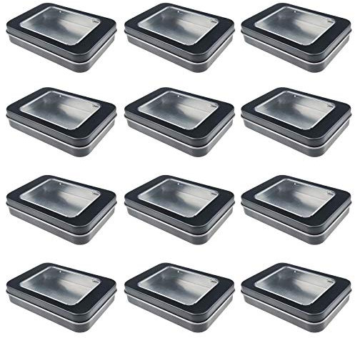 12 leere rechteckige Metalldosen mit transparentem Fenster, Scharnierdeckel für Süßigkeiten, Geschenke und Schätze (schwarz)