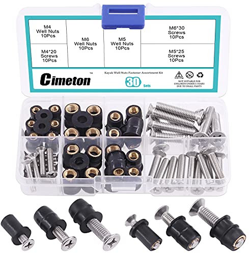 Cimeton 30 paia di dadi da pozzo M4 M5 M6 in neoprene con vite Pozidriv in acciaio inossidabile, bulloni in ottone e rame, kit di dadi per kayak, moto, barche (M4 x 20 mm, M5 x 25 mm, M6 x 30 mm)