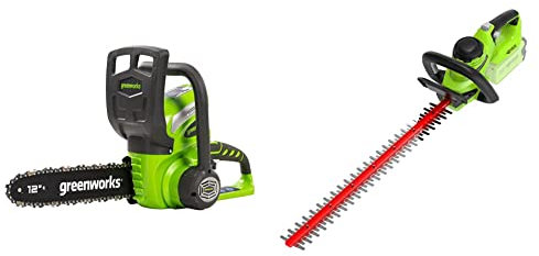 Greenworks Tools Greenworks Cortacercos con Batería G40Ht (Li-Ion 40V 61Cm Longitud De Corte 27Mm+ Motosierra De Batería G40Cs30, Li-Ion 40V 4,2 M/S 120Ml