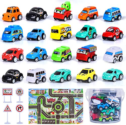FORMIZON 20 Stück Mini Auto Spielzeug Set Mit Spielteppich, Pull Back Autos für Kleinkinder Ab 3-5 Jahren, Buntes Kleines Geschenk für Jungen Und Mädchen