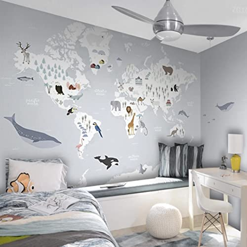 Fototapete 3D Effekt Handgezeichnete Weltkarte Cartoon Tier Kinder Wandbild Junge Mädchen Schlafzimmer Spielzeug Zimmer Wanddekoration 350(W) X256(H) Cm