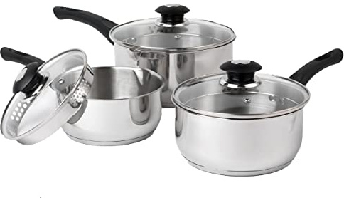 Russell Hobbs RH00542EU7 3-teilig kochtopfset - 16/18/20 cm Edelstahl-Pan-Set mit Glasdeckel, Dauerhaft Pastatopf mit integriertem Sie, Induktionsgeeignete Milchpfanne mit Ausgießlippe, 1,4/2/2,9 L