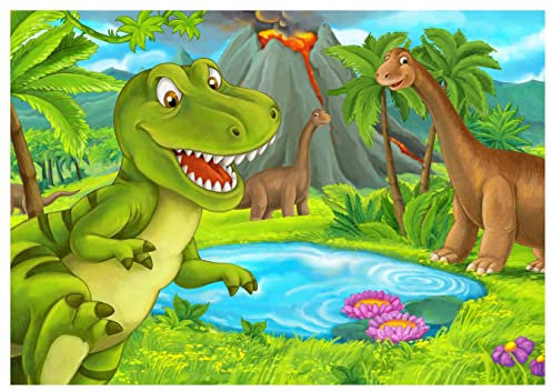 wandmotiv24 Fototapete Dino Dinosaurier Berg Teich, S 200 x 140cm - 4 Teile, Wanddeko, Wandbild, Wandtapete, Tyrannosaurus Rex Brontosaurus Vulkan M6879