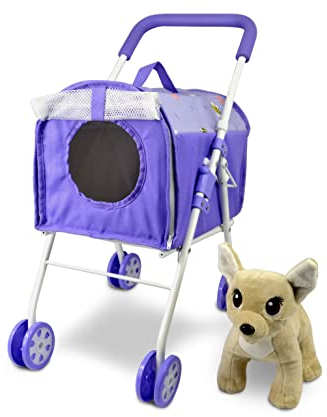 ANIVIA Haustier-Kinderwagen und Zubehör für Kinder im Alter von 3 bis 7 Jahren, Hundespielzeug für Kleinkinder, 2-teiliges Spielhunde-Set, Welpen-Party-Spielset mit 1 Haustier-Welpen inklusive Lila