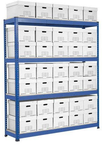 Horison Industries Garage Racking with Boxes, Box Shelving Unit, Garage Storage Solutions with Boxes, Shelving Units - Single Sided Archive Storage Blue , White Bin with 35 Boxes - 1830x2100mm